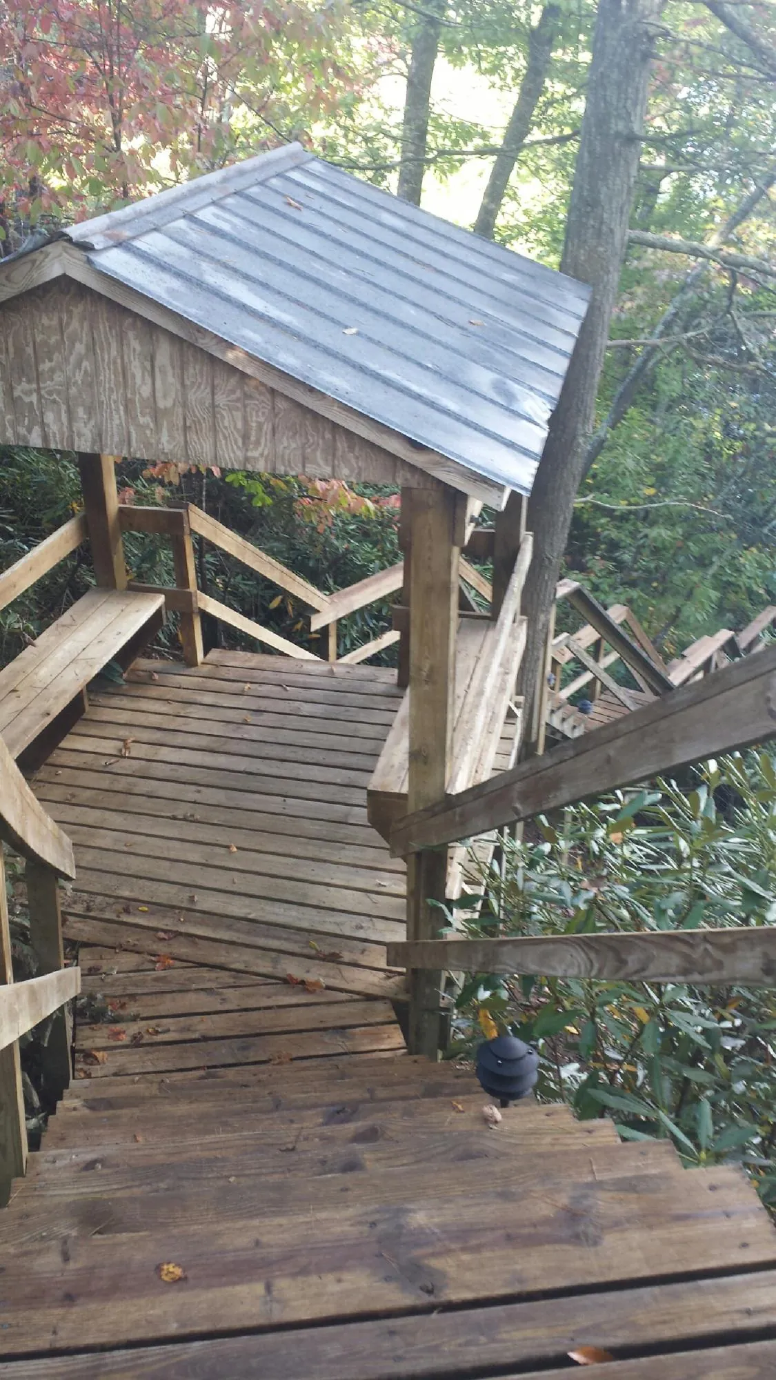 Metal roofed shelter over wooden steps on a wooded walkway — Skylight Repair & Installation work by our crew in Winton